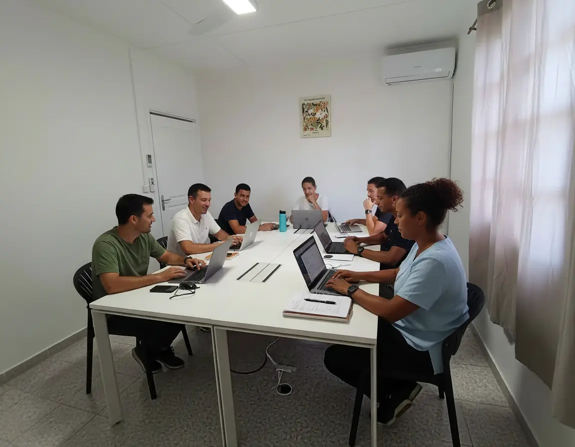 Groupe de personnes travaillant ensemble dans une salle de coworking équipée à Saint-André, La Réunion