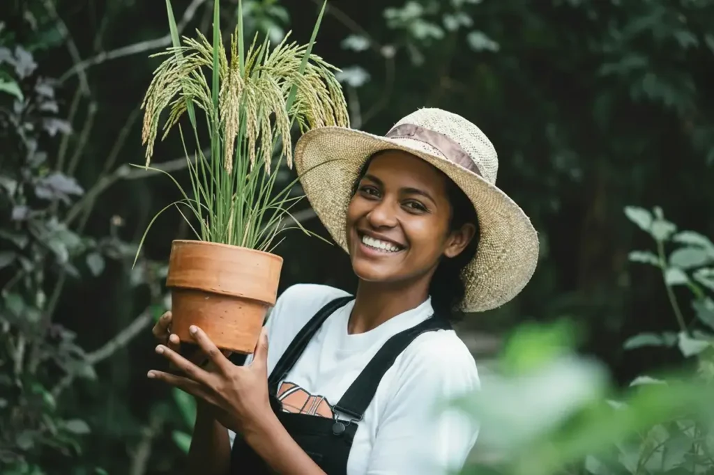 Image pastille pour la Formation sur les aides européennes pour projets agricoles à La Réunion : :jeune agricultrice de La Réunion tenant un pot de riz, représentant un projet agricole