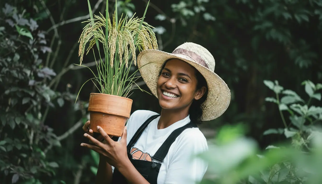 Formation sur les aides européennes pour projets agricoles à La Réunion : :jeune agricultrice de La Réunion tenant un pot de riz, représentant un projet agricole